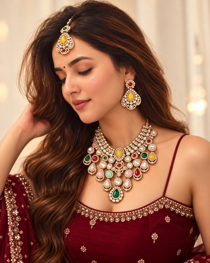 Multi Nimishu Premium Polki Dupe Necklace Set with Earring & Mangteeka