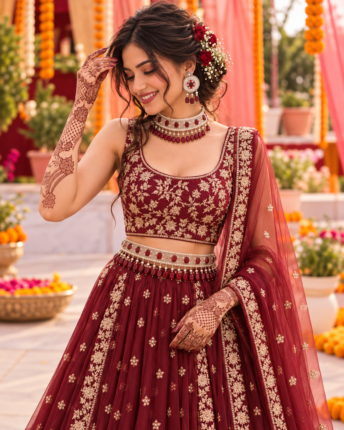 Maroon Tiani Handmade Necklace with Earring and Waist Belt