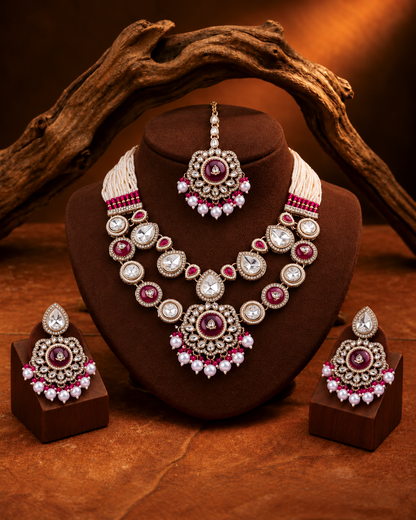Raani Pink Aaralika Premium Sabya Inspired Monalisa Necklace Set with Earring & Teeka