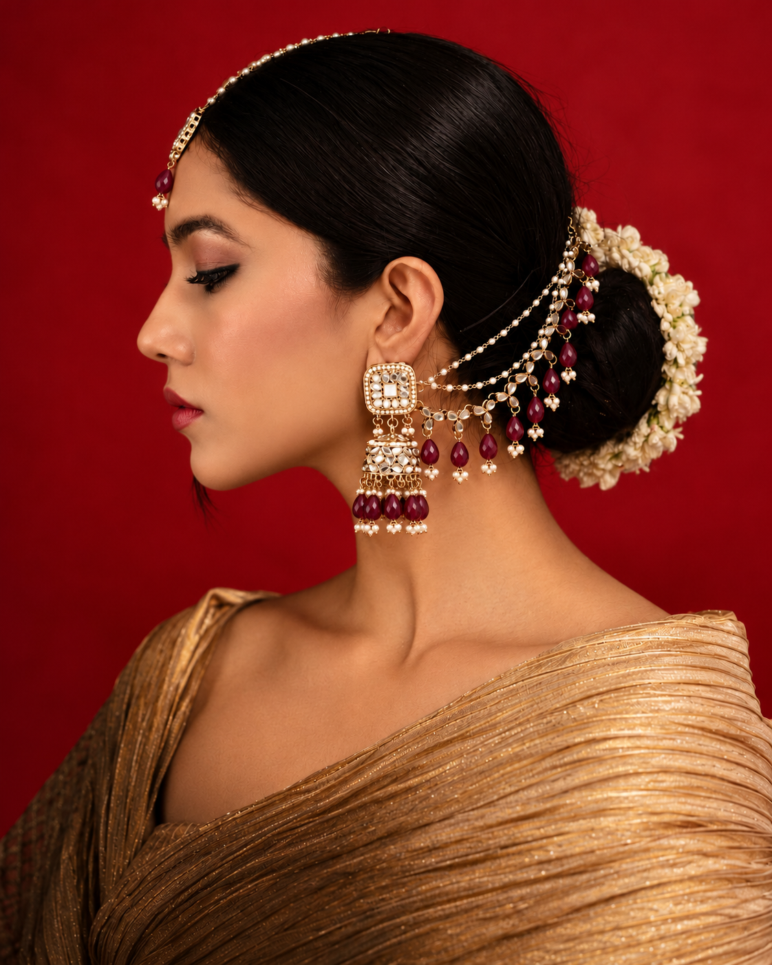 Maroon Aayat Bahubali Jhumka with Statement Kaan Chain and Teeka