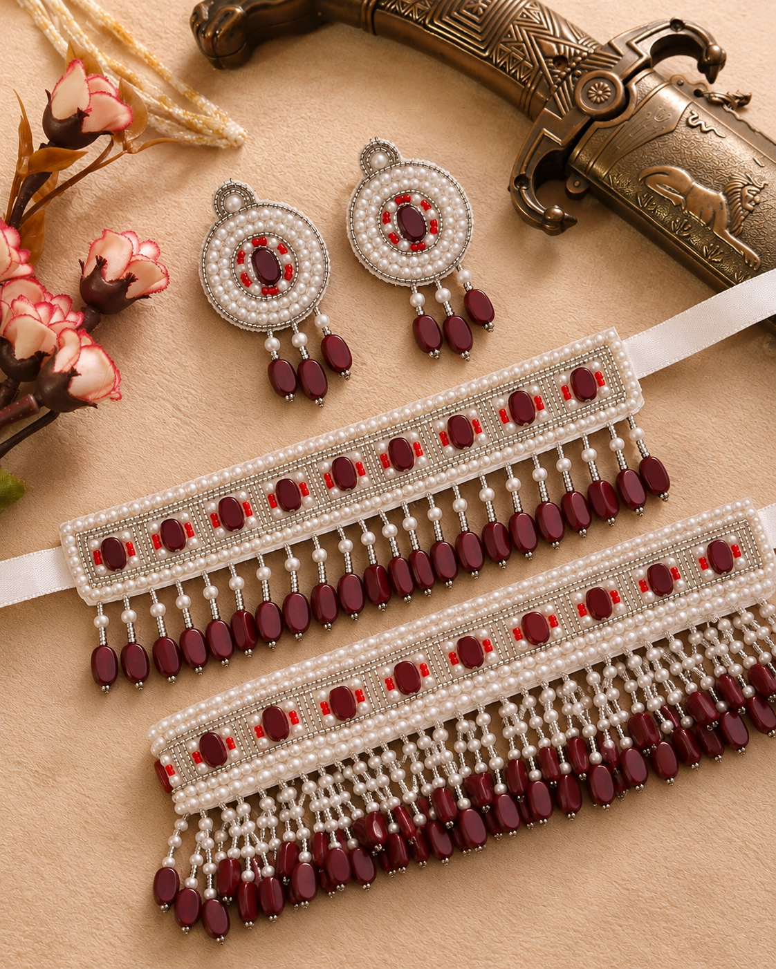Maroon Tiani Handmade Necklace with Earring and Waist Belt