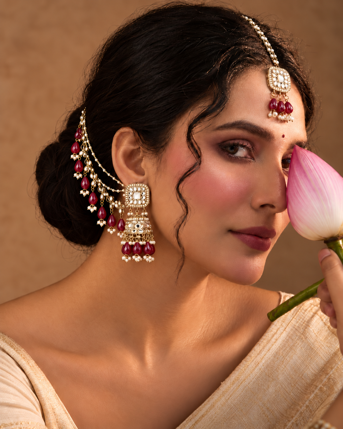 Maroon Aayat Bahubali Jhumka with Statement Kaan Chain and Teeka