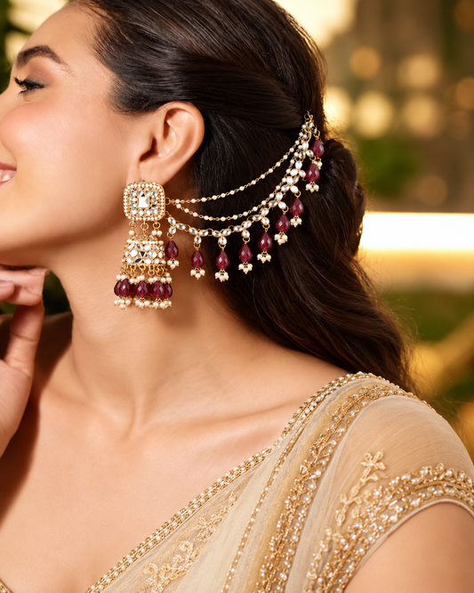 Maroon Aayat Bahubali Jhumka with Statement Kaan Chain and Teeka