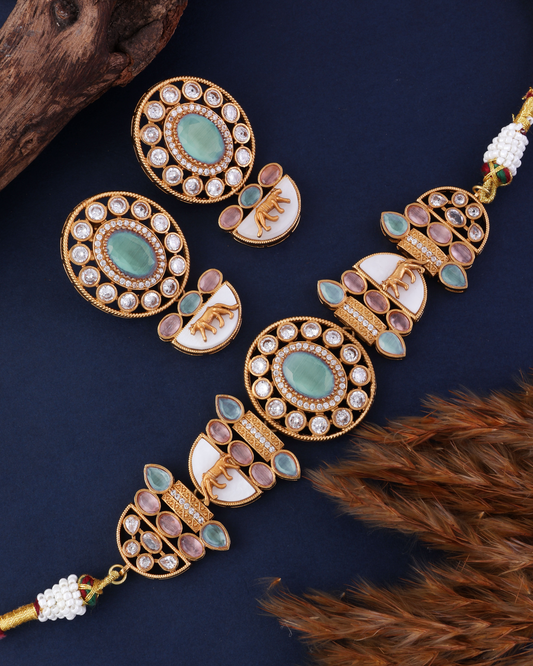 Mint Pastel Aishani Premium Sabya Inspired Necklace with Earring