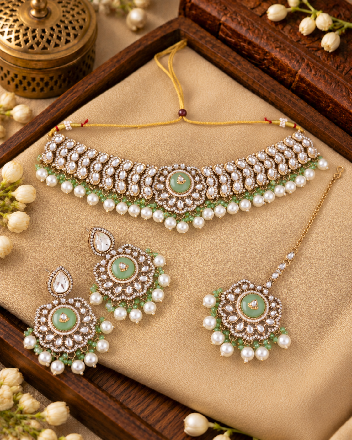 Mint Saadika Premium Sabya Inspired Monalisa Necklace Set with Earring & Teeka