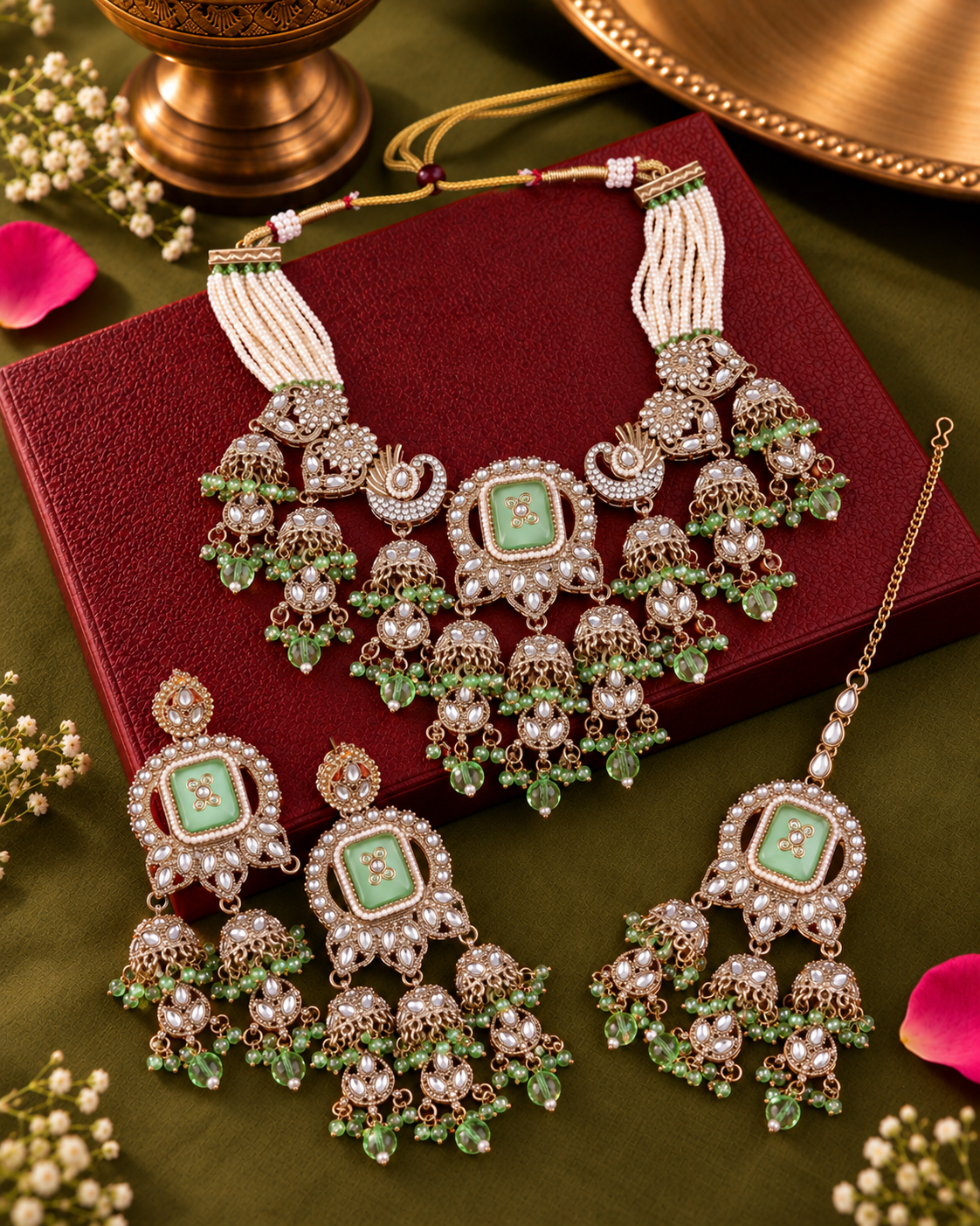 Mint Ruhisha Premium Sabya Inspired Monalisa Necklace Set with Earring & Teeka