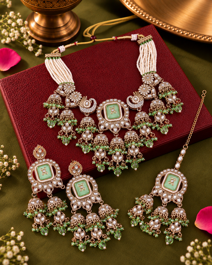 Mint Ruhisha Premium Sabya Inspired Monalisa Necklace Set with Earring & Teeka