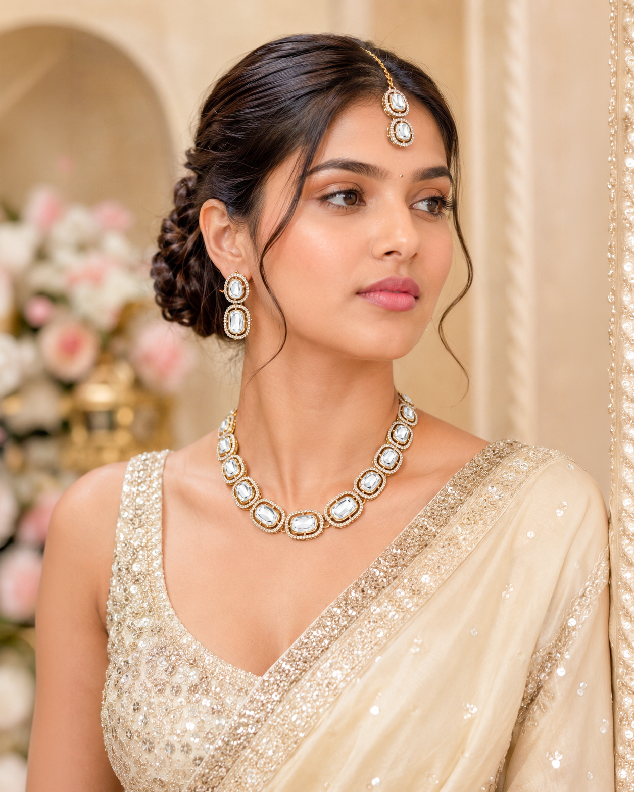 Ishvika Premium Polki Dupe Necklace Set with Earring & Mangteeka