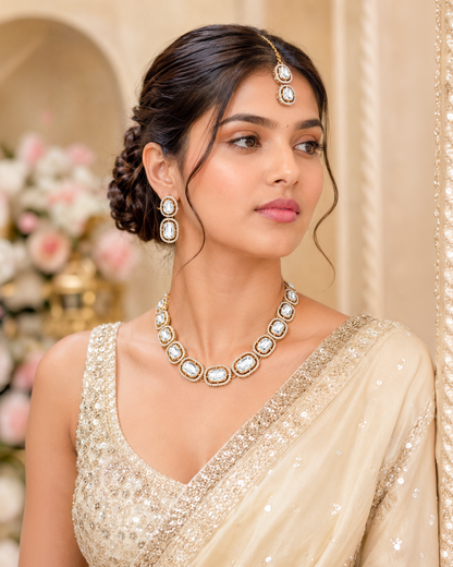 Ishvika Premium Polki Dupe Necklace Set with Earring & Mangteeka