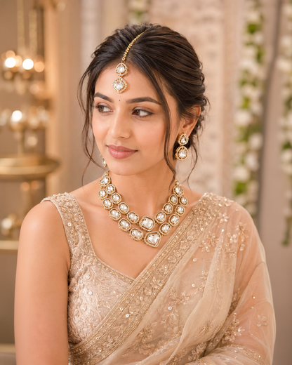 Virosha Premium Polki Dupe Layered Necklace Set with Earring & Mangteeka