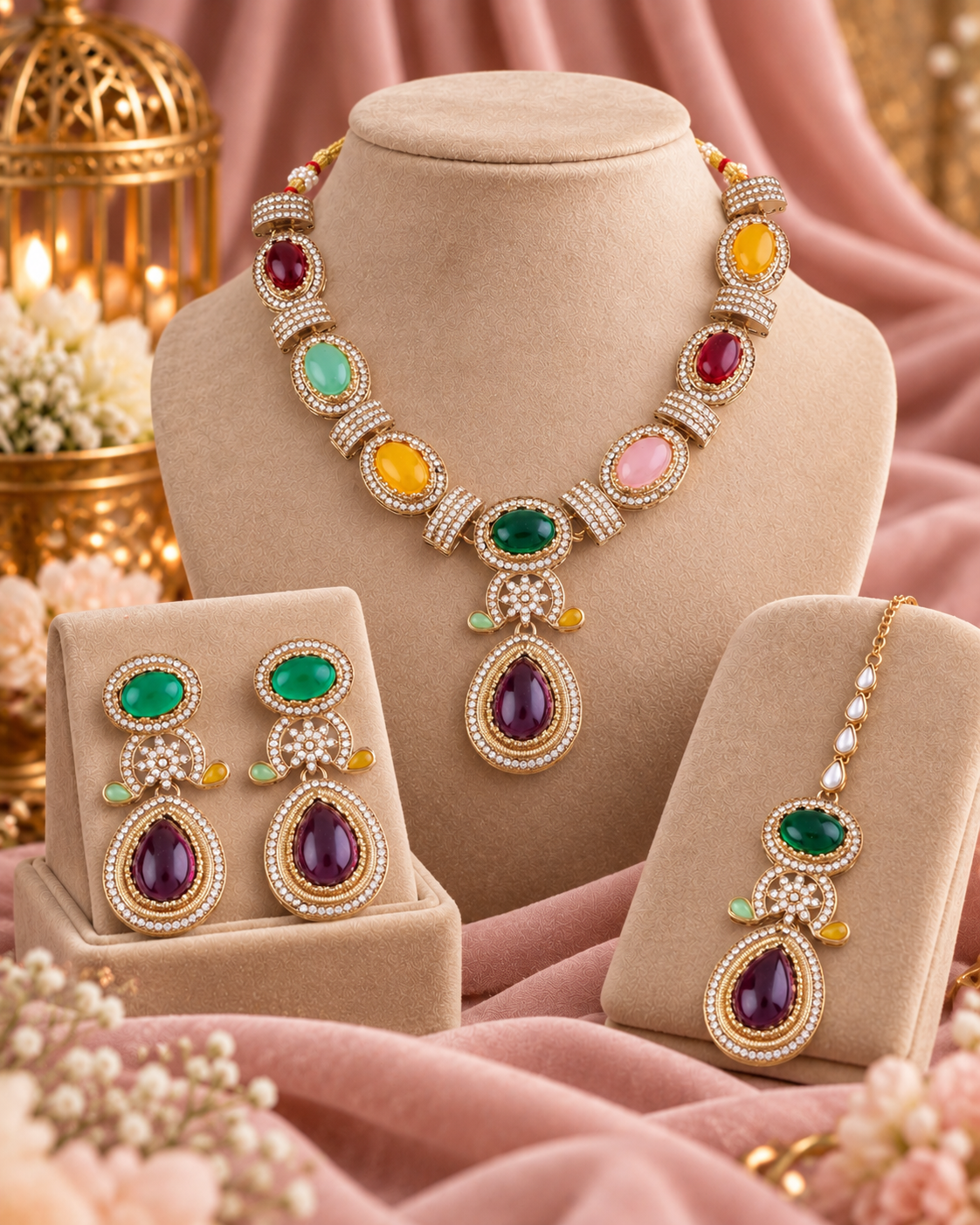 Multi Aroshika Premium Sabya Inspired Necklace Set with Earring & Teeka