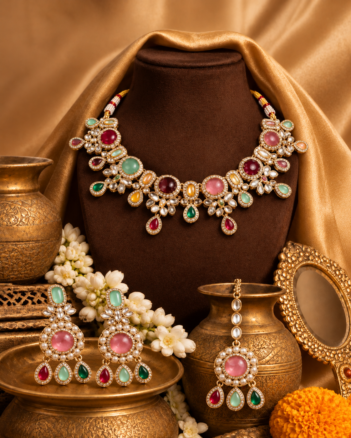 Multi Aavriti Premium Sabya Inspired Necklace Set with Earring & Teeka