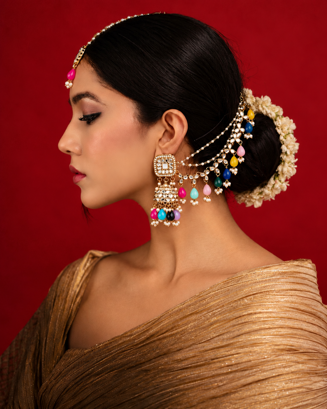Multi Aayat Mirror Bahubali Jhumka with Statement Kaan Chain and Teeka