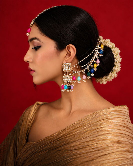 Multi Aayat Mirror Bahubali Jhumka with Statement Kaan Chain and Teeka