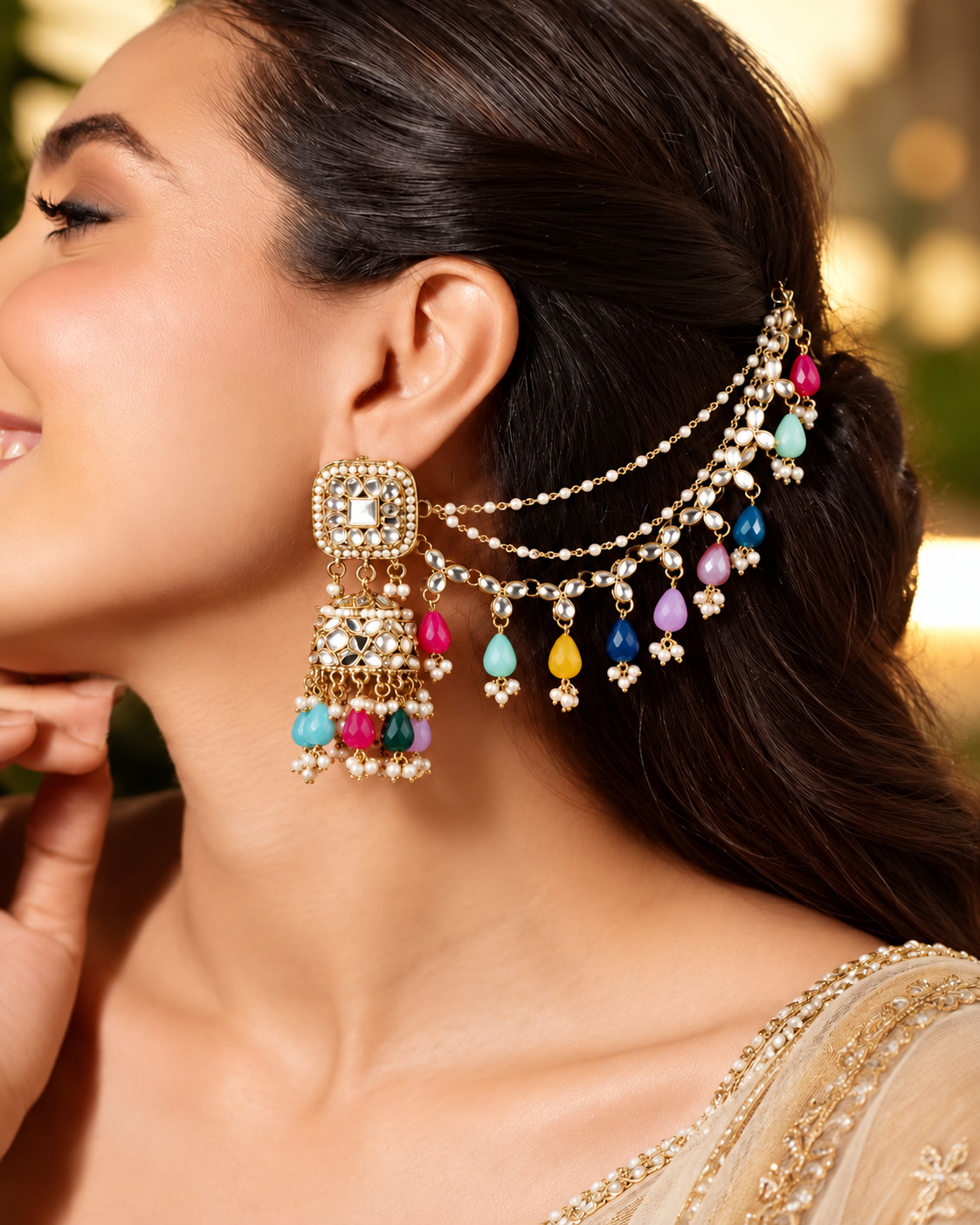 Multi Aayat Mirror Bahubali Jhumka with Statement Kaan Chain and Teeka