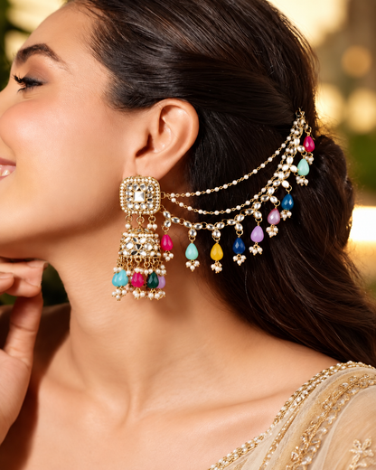 Multi Aayat Mirror Bahubali Jhumka with Statement Kaan Chain and Teeka