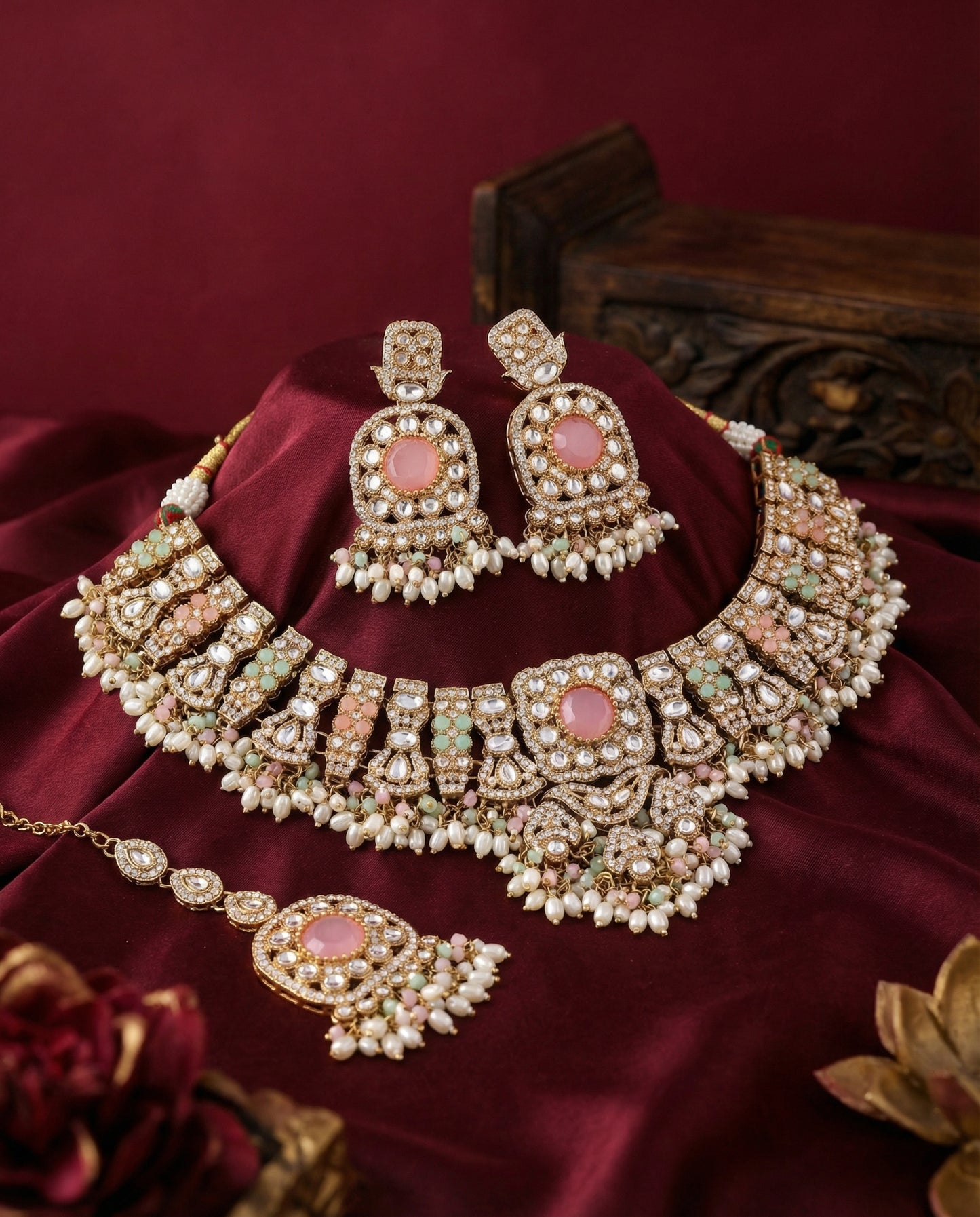 Pastel Chaitrali Kundan Zircone Necklace With Teeka & Earring