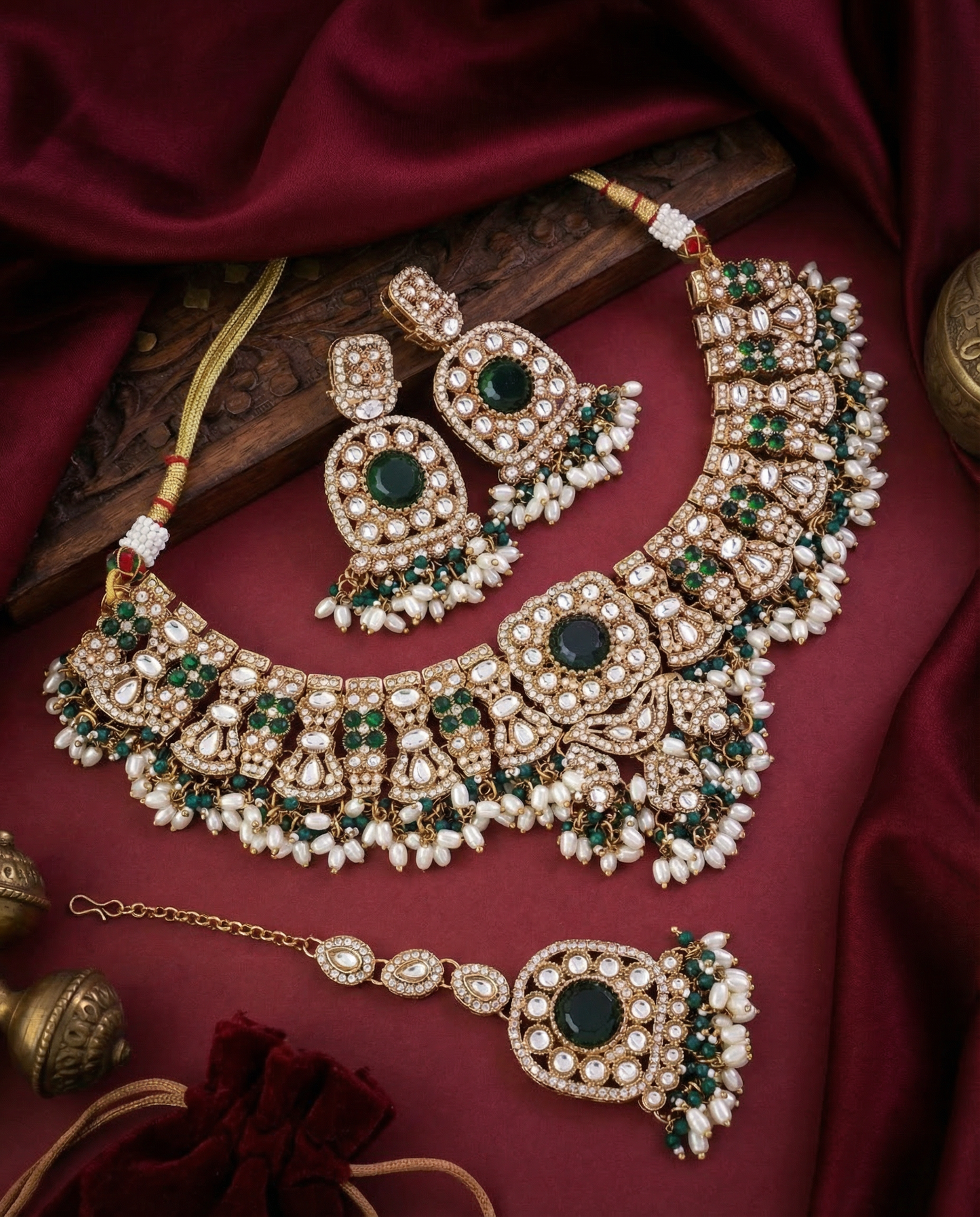 Emerald Chaitrali Kundan Zircone Necklace With Teeka & Earring