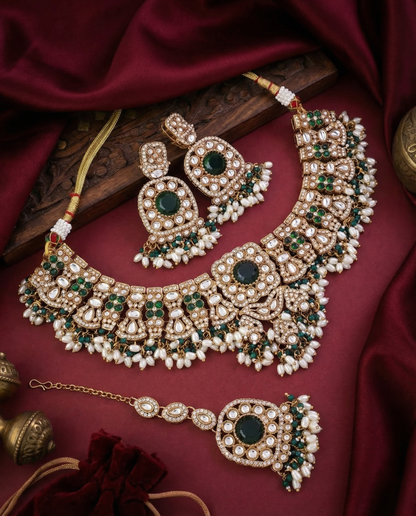 Emerald Chaitrali Kundan Zircone Necklace With Teeka & Earring