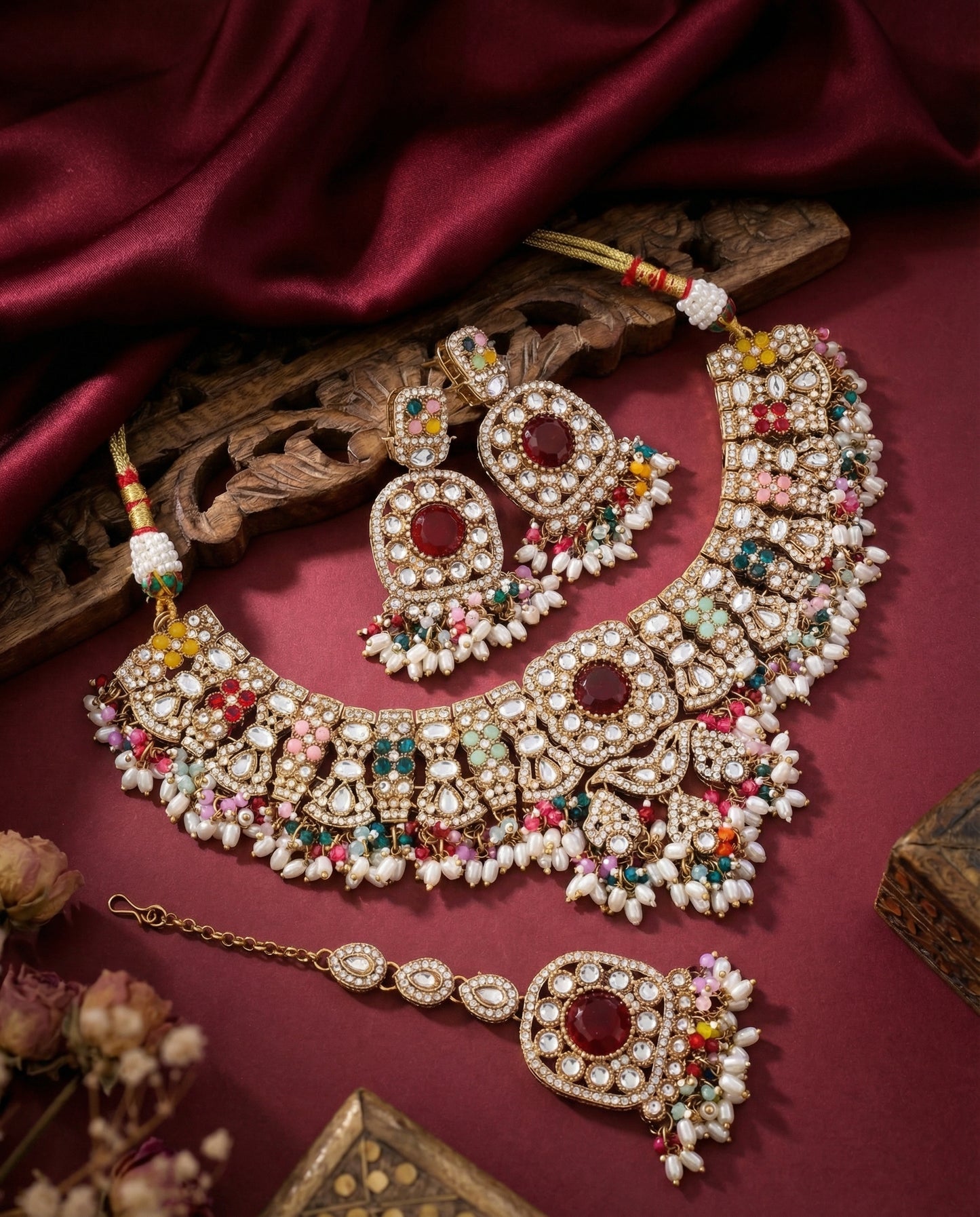 Multi Chaitrali Kundan Zircone Necklace With Teeka & Earring