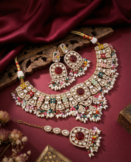 Multi Chaitrali Kundan Zircone Necklace With Teeka & Earring