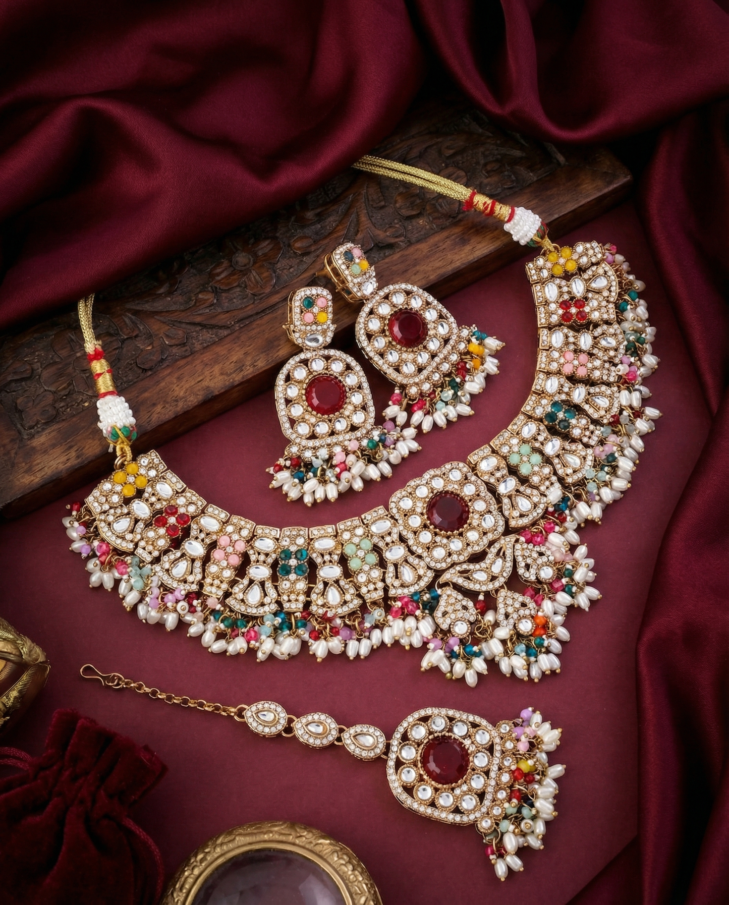 Multi Chaitrali Kundan Zircone Necklace With Teeka & Earring