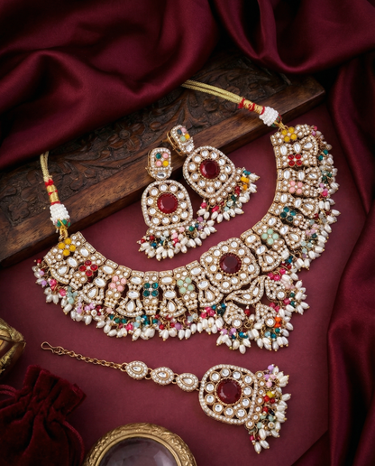 Multi Chaitrali Kundan Zircone Necklace With Teeka & Earring