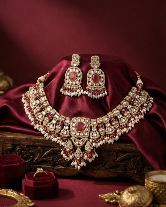 Onion Chaitrali Kundan Zircone Necklace With Teeka & Earring