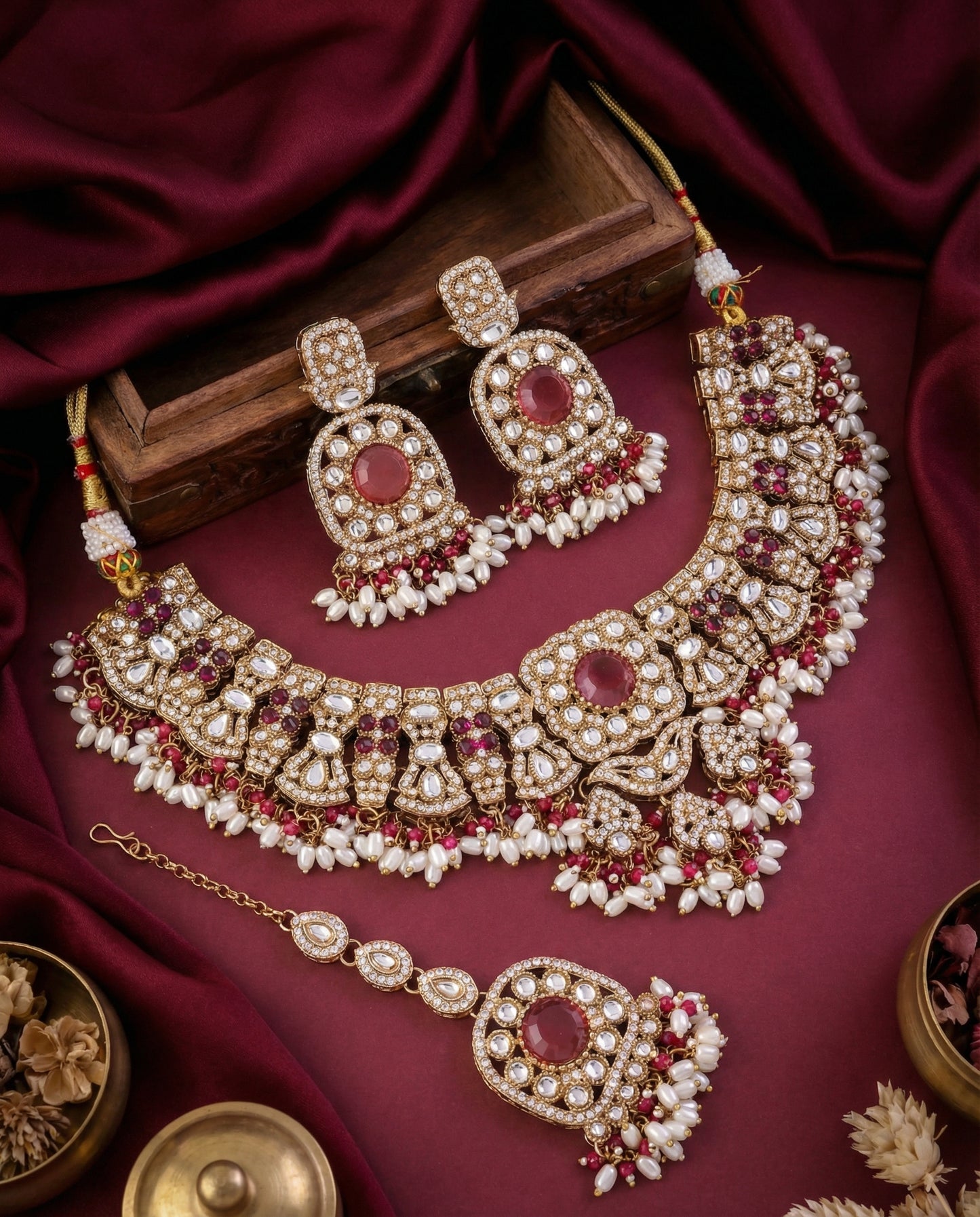 Onion Chaitrali Kundan Zircone Necklace With Teeka & Earring
