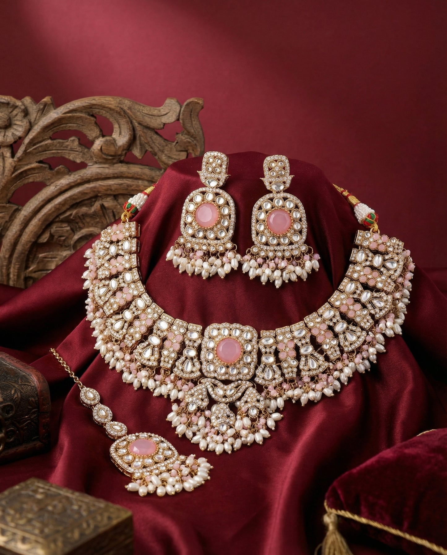 Blush Chaitrali Kundan Zircone Necklace With Teeka & Earring