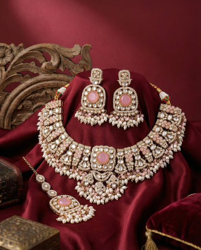 Blush Chaitrali Kundan Zircone Necklace With Teeka & Earring
