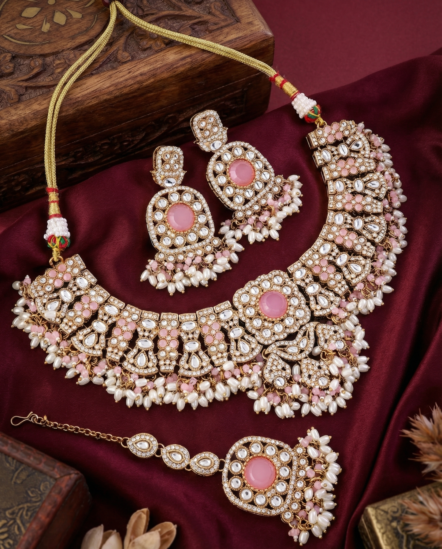 Blush Chaitrali Kundan Zircone Necklace With Teeka & Earring