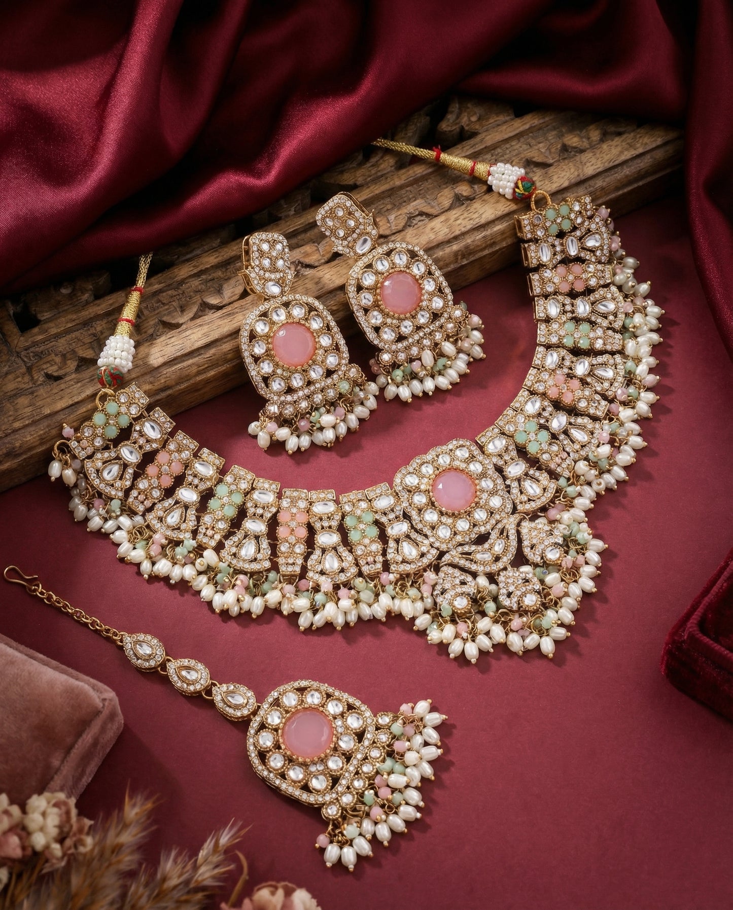 Pastel Chaitrali Kundan Zircone Necklace With Teeka & Earring