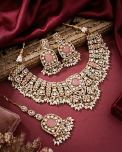 Pastel Chaitrali Kundan Zircone Necklace With Teeka & Earring