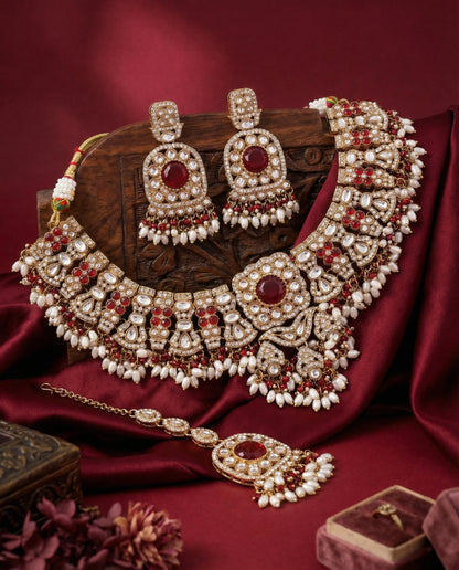 Maroon Chaitrali Kundan Zircone Necklace With Teeka & Earring