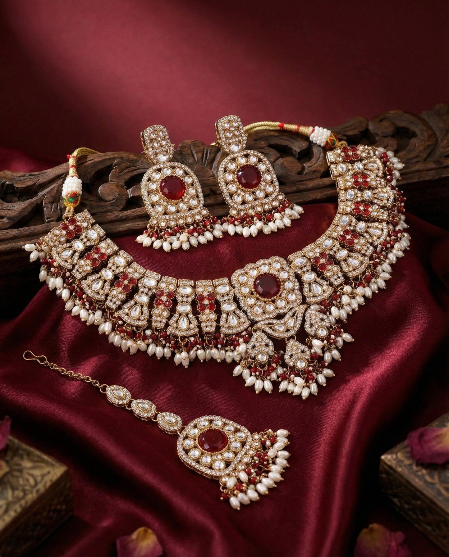 Maroon Chaitrali Kundan Zircone Necklace With Teeka & Earring