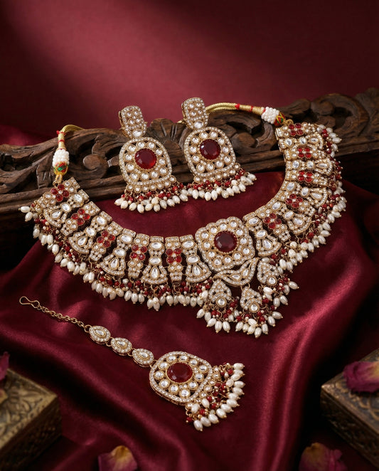 Maroon Chaitrali Kundan Zircone Necklace With Teeka & Earring