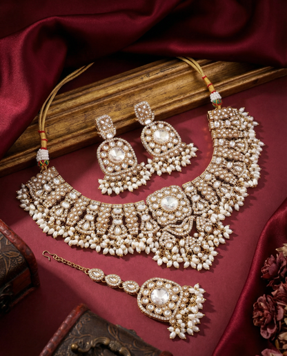 Silver Chaitrali Kundan Zircone Necklace With Teeka & Earring