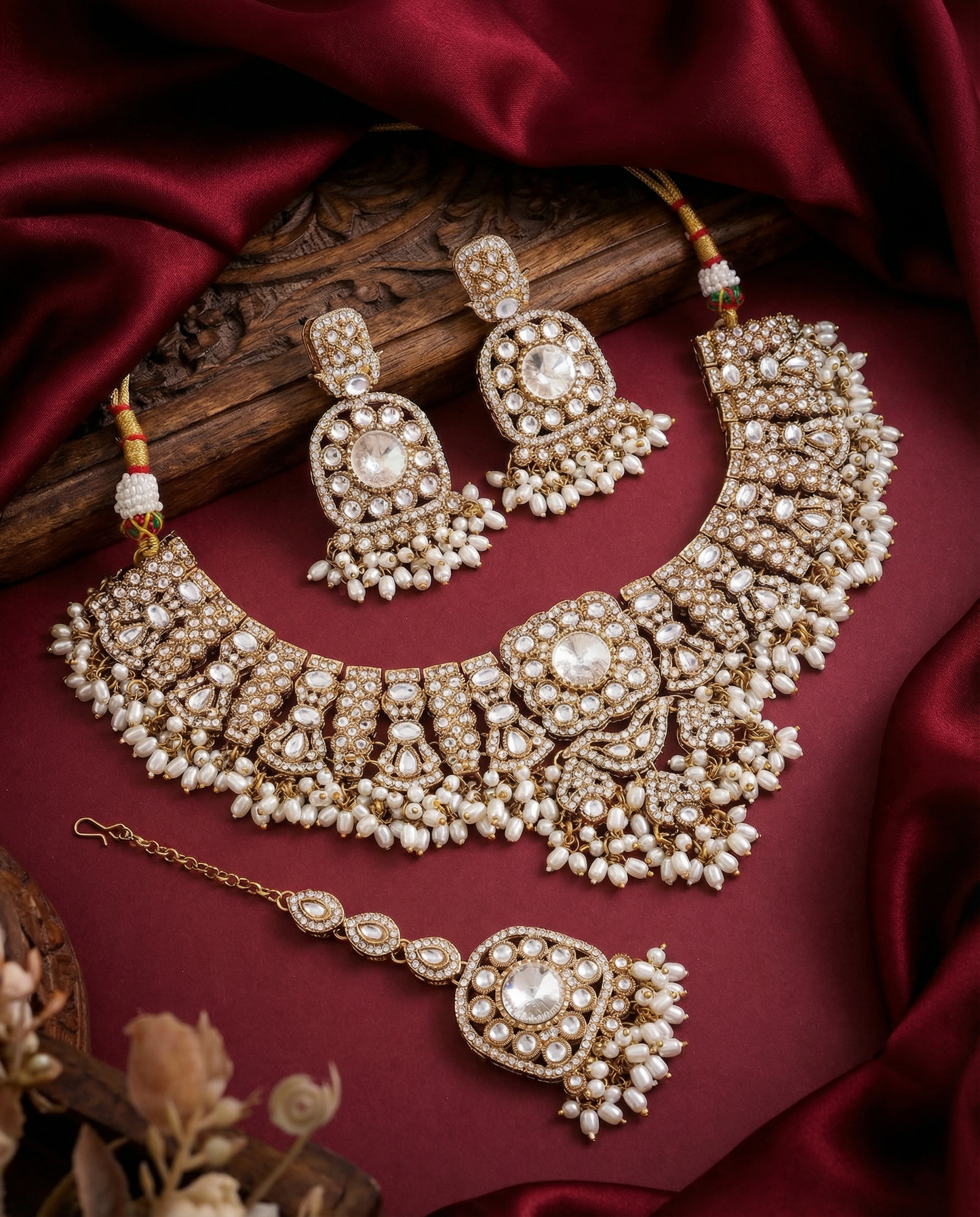 Silver Chaitrali Kundan Zircone Necklace With Teeka & Earring