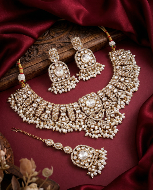 Silver Chaitrali Kundan Zircone Necklace With Teeka & Earring