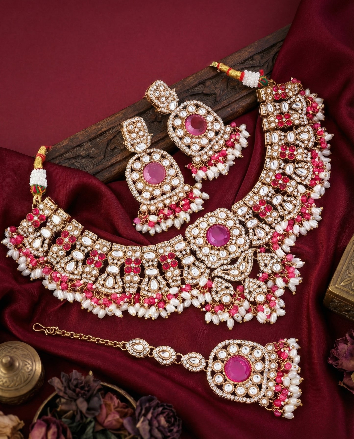 Pink Chaitrali Kundan Zircone Necklace With Teeka & Earring