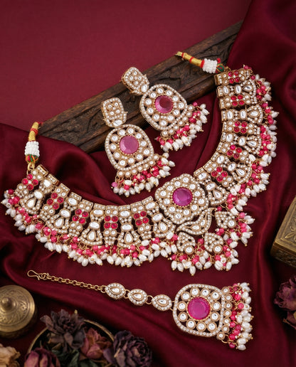 Pink Chaitrali Kundan Zircone Necklace With Teeka & Earring