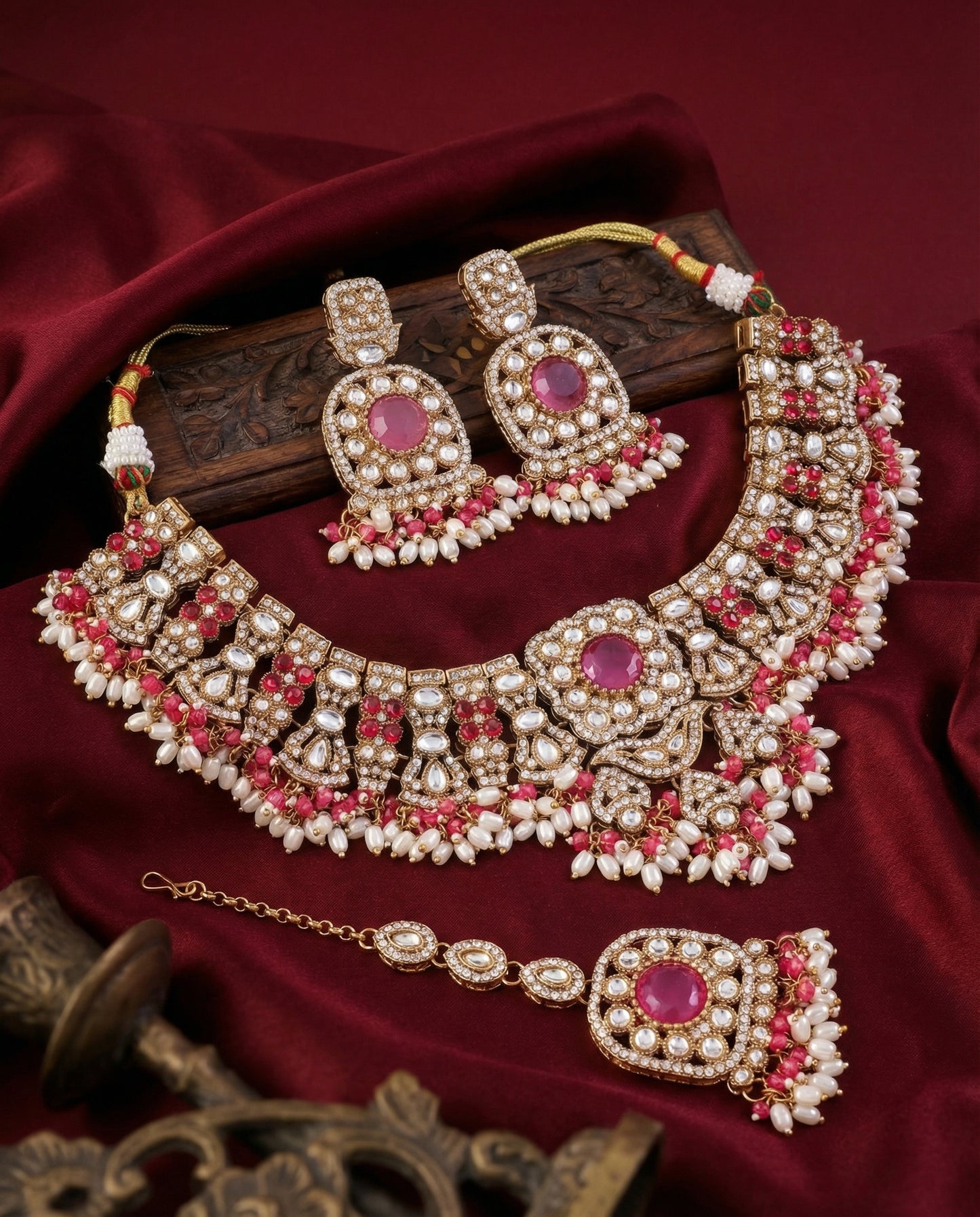 Pink Chaitrali Kundan Zircone Necklace With Teeka & Earring