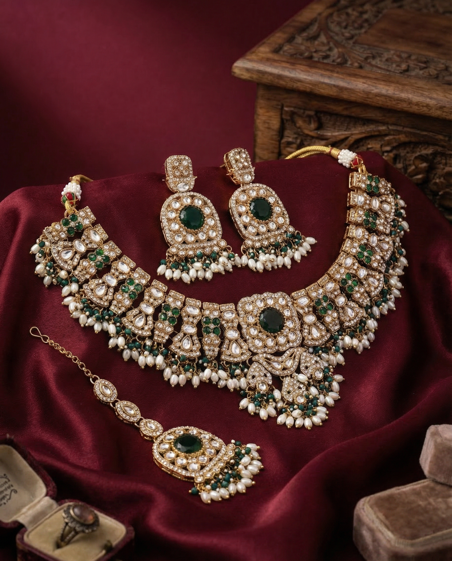 Emerald Chaitrali Kundan Zircone Necklace With Teeka & Earring