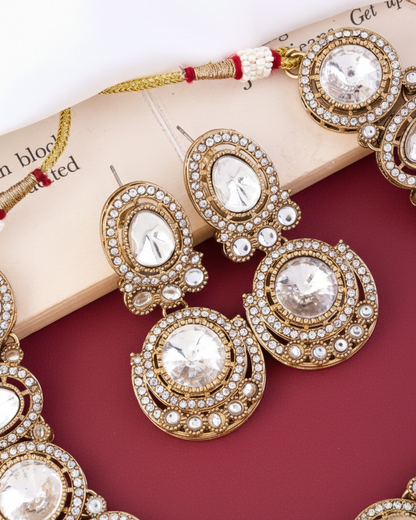 Silver Jasnain Premium Polki Dupe Necklace with Earring and Mangteeka