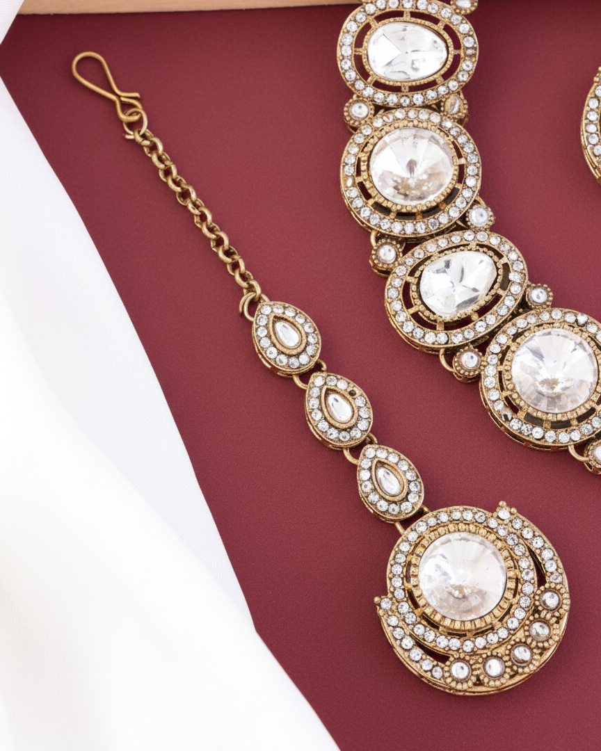 Silver Jasnain Premium Polki Dupe Necklace with Earring and Mangteeka