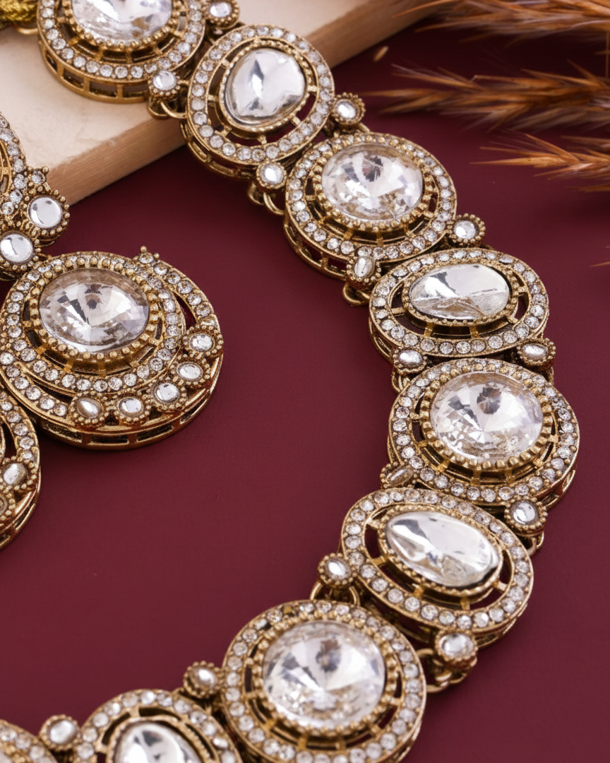 Silver Jasnain Premium Polki Dupe Necklace with Earring and Mangteeka