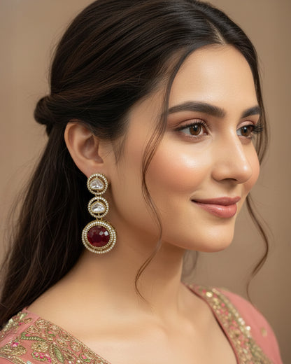 Red Navleen Premium Designer Zircone Polki Dupe Earring