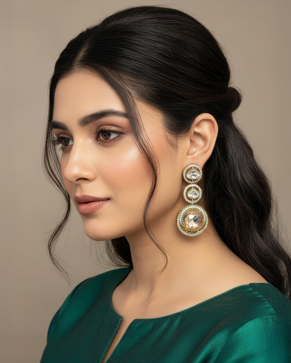 Golden Navleen Premium Designer Zircone Polki Dupe Earring