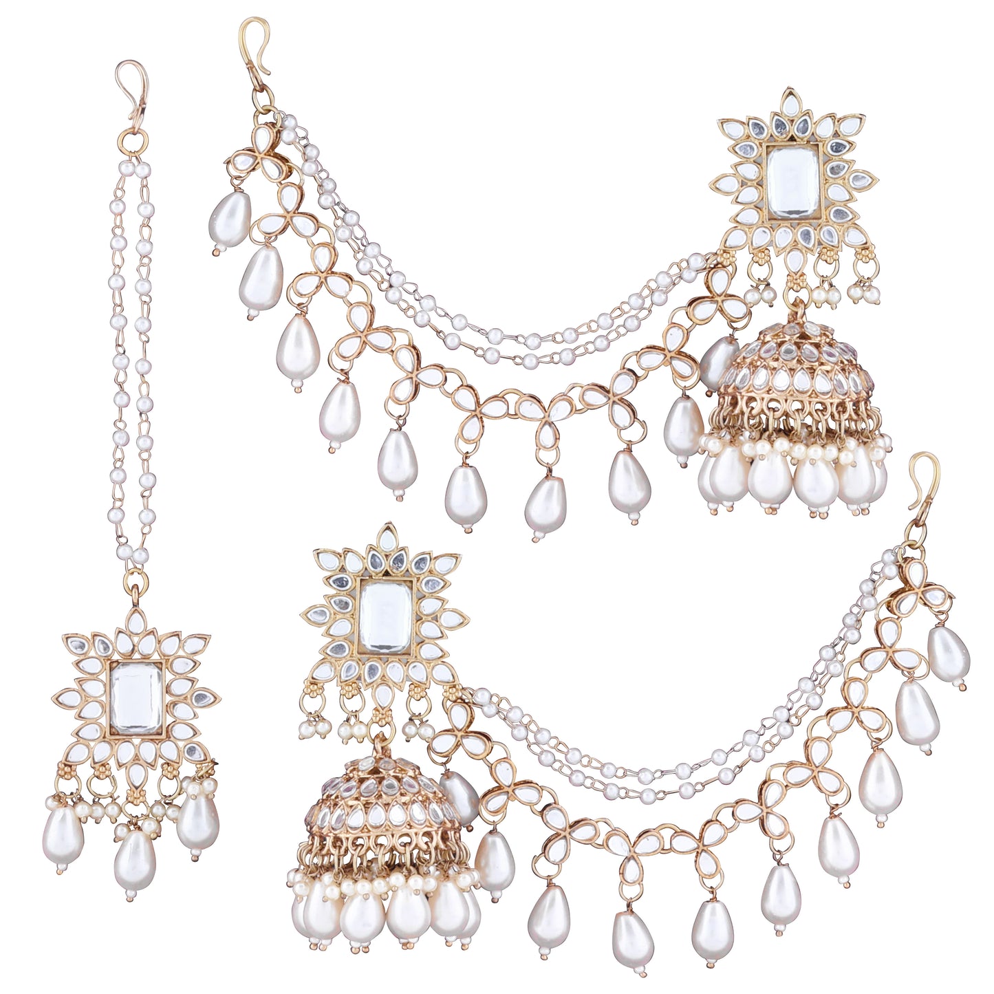 Kaur Mirror Bahubali Jhumka with Statement Kaan Chain and Teeka